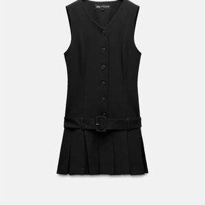 Zara Black Sleeveless Button-Front Belted Pleated Dress